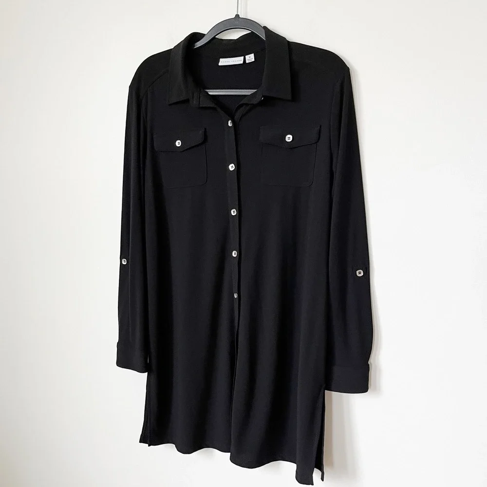 Susan Graver Liquid Knit Button Down Shirt Dress Womens Medium Black